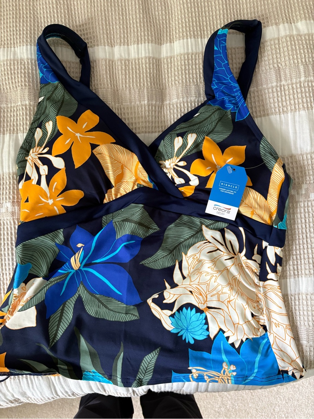 Lands' End Navy Floral Tankini Top with Blue and Yellow Flowers